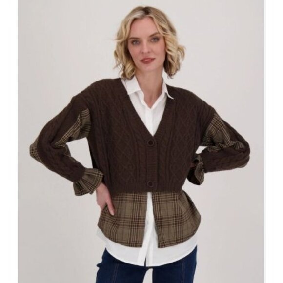 Gabby Isabella Brown Cable Knit Plaid Sleeve Button Front Cropped Cardigan Sweat - Picture 1 of 12